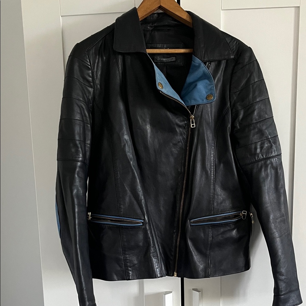Black Leather Jacket with Blue Accents